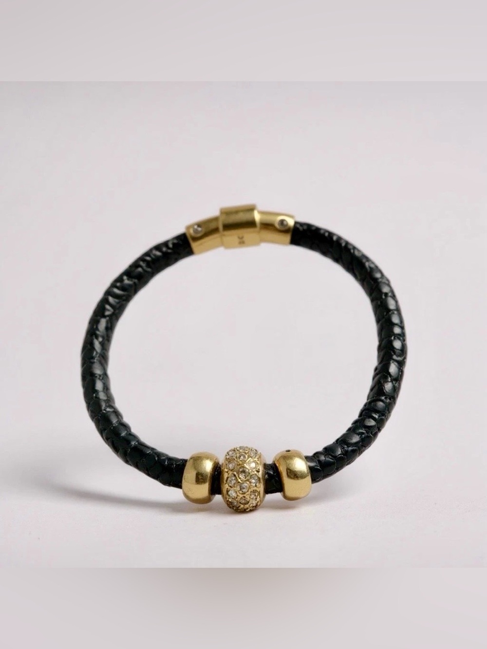HENRI BENDEL Black Sparkly Leather Bracelet Gold Crystal Bead R $148